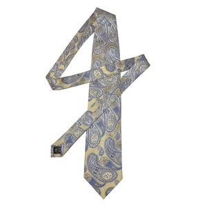 Roberto Villini Collezione Gold Blue Paisley 100% Silk Hand Made Mens Necktie